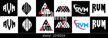 Conception de logo de lettre RVM dans le style six. RVM polygone, cercle, triangle, hexagone, style plat et simple avec variation de couleur noir et blanc lettre logo se Illustration de Vecteur