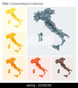 Collection de cartes de l'Italie. Forme de pays avec régions colorées. Bleu gris, jaune, ambre, orange, orange profond, palettes de couleurs marron. Illustration de Vecteur