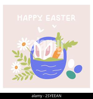 Éléments de Pâques avec panier, œufs colorés, oreilles de lapin, fleurs de camomille et verdure. Un ensemble printanier d'éléments pour la conception de bannières et de cartes postales en l'honneur des célébrations de Pâques. Illustration de Vecteur