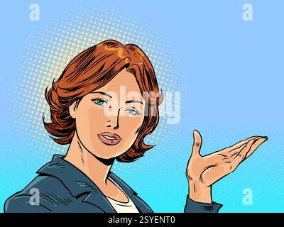 Une femme présente un projet. Une femme d'affaires travaille dans les affaires. Montrez un geste de la main. Pop Art rétro illustration vectorielle Kitsch Vintage 50s 60s style Illustration de Vecteur