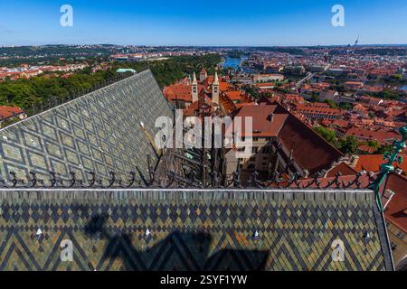Une vue en grand angle depuis un toit de cathédrale à motifs, donnant sur un paysage urbain avec des bâtiments au toit rouge, une rivière, et un pont lointain sous un br Banque D'Images