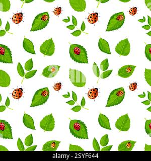 Motif vectoriel sans couture avec des feuilles vertes vibrantes et coccinelles colorées sur un fond blanc Illustration de Vecteur