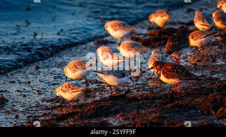 Sanderlings, Ruddy Turnstones et Gulls se nourrissent au bord de l'eau au lever du soleil Banque D'Images