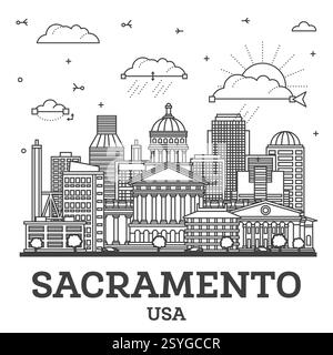 Esquissez les gratte-ciel de Sacramento en Californie avec des bâtiments modernes et historiques isolés sur du blanc. Illustration vectorielle. Paysage urbain de Sacramento USA. Illustration de Vecteur