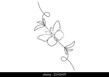 Butterfly dessin d'art continu d'une ligne avec des papillons monarques de couleur isolés sur le fond blanc Illustration de Vecteur