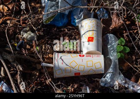 Slough, Royaume-Uni. 25 février 2025. À Slough, Berkshire. Les ordures de McDonalds jetées près d'une route. Crédit : Maureen McLean/Alamy Banque D'Images