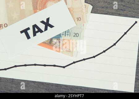 Inscription taxe, billets en euros, graphique en hausse montrant les augmentations de taxes. Calcul et paiement de l'impôt. Fond en bois Banque D'Images