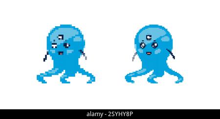 Poulpe Pixel art avec trois yeux représentés dans un style de dessin animé amusant Illustration de Vecteur
