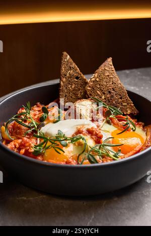 Savoureux Shakshuka avec œufs pochés, tomates, herbes dans un bol noir, complété par du pain croustillant, concept de petit déjeuner rustique Banque D'Images