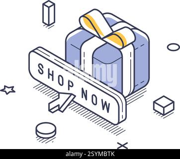 Icône de dessin au trait isométrique représentant les achats en ligne. Une boîte cadeau emballée est accompagnée d'un bouton d'appel à l'action, favorisant une expérience de commerce électronique. Illustration de Vecteur
