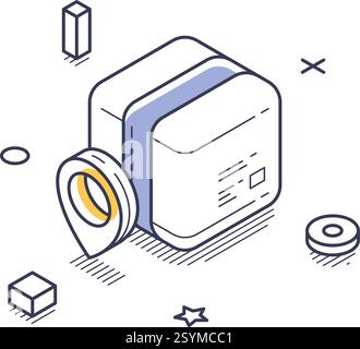 Icône de dessin au trait isométrique représentant un paquet symbolisant des transactions de marché en ligne. Diverses formes géométriques améliorent le design, transmettant la modernité A. Illustration de Vecteur