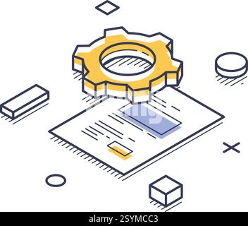 Dessin au trait isométrique symbolisant un démarrage d'entreprise. Un engrenage survole un document, entouré de formes géométriques, montrant le processus de planification Illustration de Vecteur