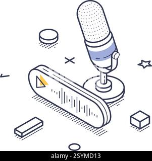 Dessin au trait isométrique détaillé présentant les éléments utilisés dans la création de contenu, y compris un microphone et des outils de conception, représentant l'œuvre numérique envir Illustration de Vecteur