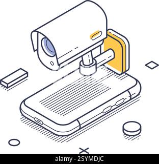 Caméra de surveillance positionnée au-dessus d'un smartphone, mettant l'accent sur les méthodes modernes de protection des données. Illustration vectorielle isométrique moderne d'art au trait Illustration de Vecteur