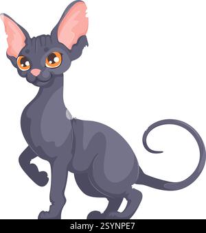 Illustration vectorielle d'un chat noir sans poils avec des yeux orange, posture droite et queue recourbée sur un fond blanc. Illustration de Vecteur