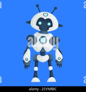 Illustration d'un robot humanoïde futuriste avec des accents blancs et bleus, debout sur un fond bleu Uni. Illustration de Vecteur