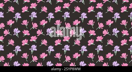 Motif sans couture délicat avec magnolia dessiné à la main et fleurs d'iris sur fond sombre. Conception vectorielle. Illustration de Vecteur