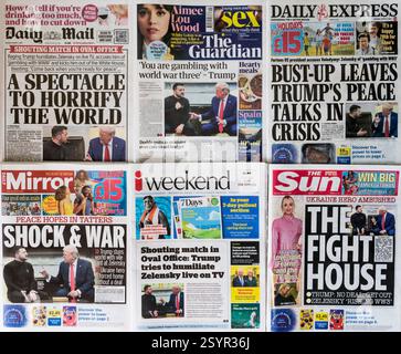 1er mars 2025. Une sélection de pages de journaux britanniques sont choquées par la dispute entre Trump et le président Zelenskyy à la Maison Blanche américaine. Banque D'Images