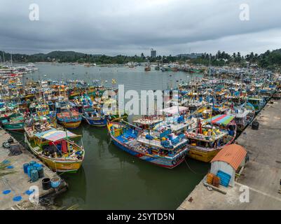 Port de pêche de Mirissa avec bateaux bateaux catamaran à baleine bleue tour dans Mirissa Beach Matara District Province Sud Sri Lanka. Banque D'Images