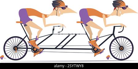 Couple d'hommes chevauchant sur le vélo tandem. Les hommes de dessin animé roulent vite sur le vélo tandem. Isolé sur fond blanc Illustration de Vecteur