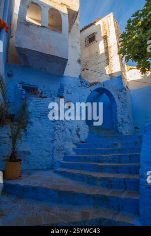 scène de rue blanchie au bleu avec un escalier menant à travers une arche, flanqué de bâtiments et de verdure Banque D'Images