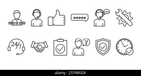 Satisfaction du client et icônes d'assistance définies. Collection de symboles de lignes fines représentant l'expérience client, les commentaires, le support technique et qualit Illustration de Vecteur