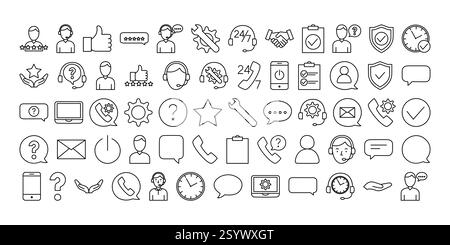 Icônes d'assistance technique et commerciale. Collection de symboles en trait fin illustrant le service à la clientèle, le dépannage, le chat en direct, le contact et Illustration de Vecteur
