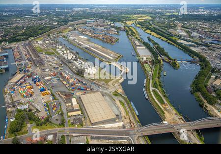 Vue aérienne, Duisburg-Nord, duisport port Duisburg avec île pétrolière, île charbonnière et île à ferraille, écluse de la Ruhr, Ruhrort, Duisburg, région de la Ruhr, Rhénanie du Nord Banque D'Images