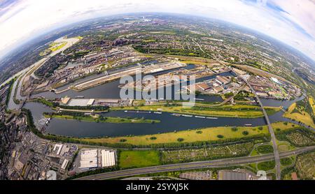 Vue aérienne, port de Duisburg, duisport fish-eye, zone portuaire de Duisburg-Nord avec île pétrolière, île de charbon et île de ferraille, autoroute A59 et autoroute A40 Banque D'Images