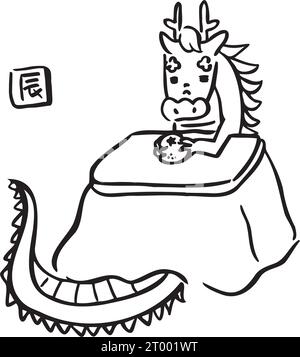 Illustration d'un dragon dans un kotatsu. Matériel de carte du nouvel an pour l'année du Dragon. Illustration de Vecteur