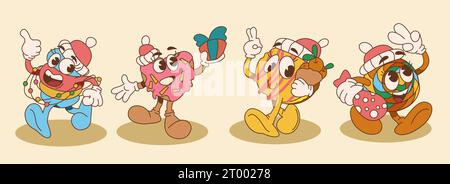 Vecteur de caractère vintage rétro groovy et drôle. Icône de coeur rose comique funky et boule avec des mains et collection psychédélique de chapeau rouge de Noël. Joyeuse mascotte trippy de Noël dans le style cool des années 90 de l'an 2000. Illustration de Vecteur