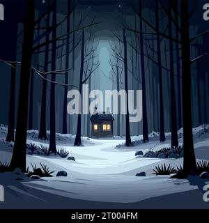 Paysage avec lune clair de lune nuit sombre forêt noire mystérieuse et une maison de chalet à la maison en hiver, illustration vectorielle Illustration de Vecteur