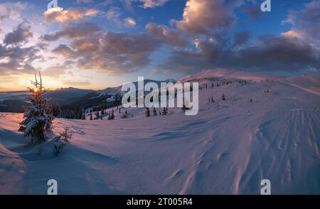 Pittoresque lever de soleil sur les alpes d'hiver. La plus haute crête des Carpates ukrainiens est Chornohora avec des sommets de Hoverla et Petros Mount Banque D'Images