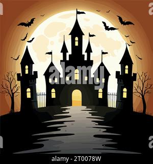 Fond d'horreur de scène d'Halloween avec des citrouilles effrayantes de manoir hanté halloween effrayante Evil Houseat nuit avec la pleine lune, illustration vectorielle Illustration de Vecteur