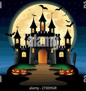 Citrouilles d'Halloween sur la route et château sombre sur fond de lune bleu avec des chauves-souris, illustration vectorielle. Illustration de Vecteur