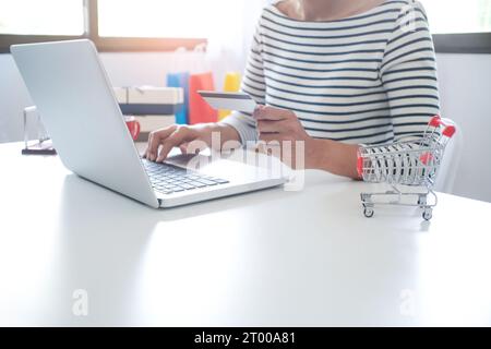 Femme et petit panier avec ordinateur portable pour Internet concept d'achat en ligne. Banque D'Images