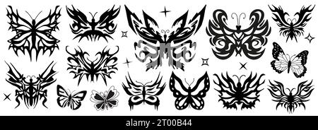 Neo tribal y2k tatouage forme papillon. Décorations dessinées à la main de style cyber sigilisme. Illustration vectorielle de motifs de tatouage tribal gothique noir. Isolé Illustration de Vecteur