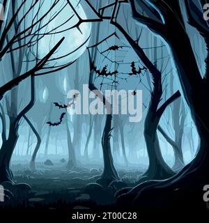 Fond sombre d'Halloween de forêt avec des chauves-souris, des arbres. Halloween violet, modèle violet. Illustration vectorielle. Illustration de Vecteur