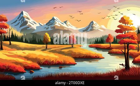 Bannière forêt Une rivière dans les montagnes avec une montagne dans le paysage d'automne de fond avec des arbres jaunes illustration vectorielle. Illustration vectorielle Illustration de Vecteur