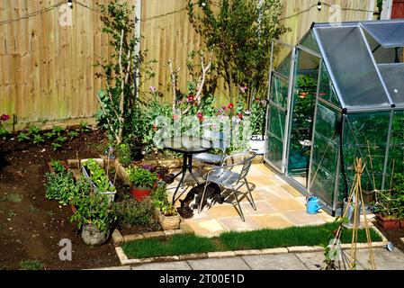 Vue surélevée d'une nouvelle serre hybride moderne en polycarbonate avec une table et des chaises à gauche et un chat de l'eau potable, Somerset, Royaume-Uni, Europe Banque D'Images