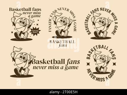 Fans de basket-ball, ne manquez jamais un match. Illustration de personnage de mascotte rétro de balle de basket tenant un drapeau triangulaire Illustration de Vecteur
