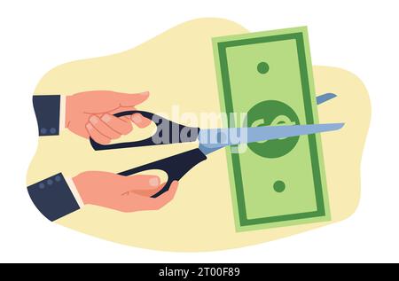 Mains tenant des ciseaux pour couper des billets de banque. Solde et moitié prix. Réduction des coûts. Offre de réduction exceptionnelle. Récession économique, faible taux. Dessin animé plat Illustration de Vecteur