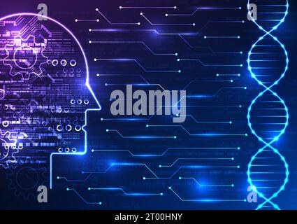 Technologie médicale et intelligence artificielle dans une image captivante. Voyez la structure ADN connectée à un cerveau IA par un circuit imprimé, WIT Illustration de Vecteur