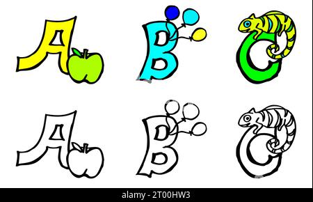 Alphabet coloré peint à la main avec des animaux, apprendre les lettres abc, écrire, lire le travail en allemand et en anglais : Apple commence par Un dans les deux langues Banque D'Images