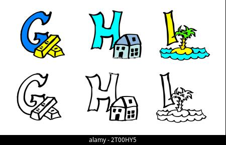 Alphabet coloré peint à la main avec des animaux, apprendre les lettres abc, écrire, lire le travail en allemand et en anglais : Apple commence par Un dans les deux langues Banque D'Images