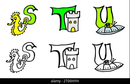 Alphabet coloré peint à la main avec des animaux, apprendre les lettres abc, écrire, lire le travail en allemand et en anglais : Apple commence par Un dans les deux langues Banque D'Images