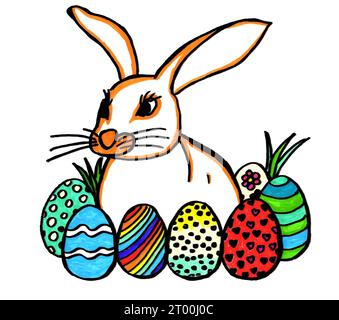 lapin et sept oeufs de pâques heureux dessin à la main lapin pour les livres d'enfants, cartes d'enfants et voeux de vacances. motifs colorés des oeufs de pâques Banque D'Images