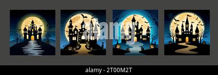 Bannière ensemble Halloween fond de nuit, citrouilles et silhouette sombre de château sur le fond de la pleine lune avec le vol de souris. Illustration vectorielle. Illustration de Vecteur