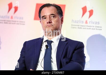 Thessalonique, Grèce. 29 septembre 2023. Ministre grec du travail et des assurances sociales Adonis Georgiadis lors du troisième sommet métropolitain de Thessalonique. (Image de crédit : © Giannis Papanikos/ZUMA Press Wire) USAGE ÉDITORIAL SEULEMENT! Non destiné à UN USAGE commercial ! Banque D'Images