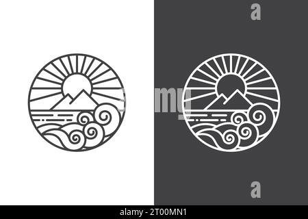 dessin au trait du logo circular ocean waves avec la lumière du soleil derrière une montagne au milieu de la mer Illustration de Vecteur